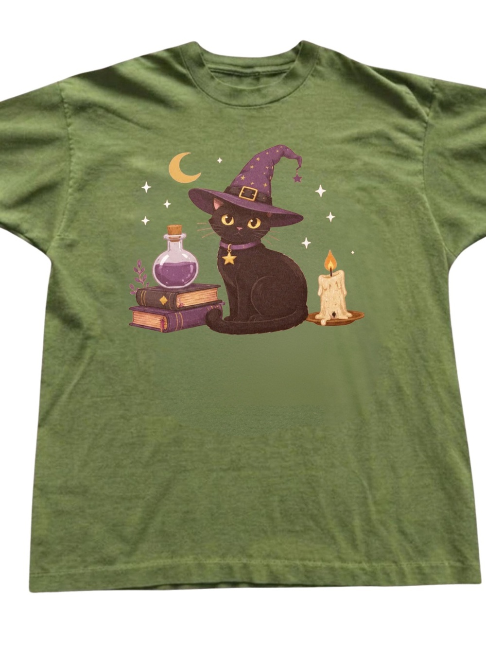 Gildan Olive Green Witch Cat Graphic Tee
